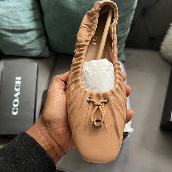 Coach Tan Flats with Ruched Leather and Bow Detail - Picture 1 of 8